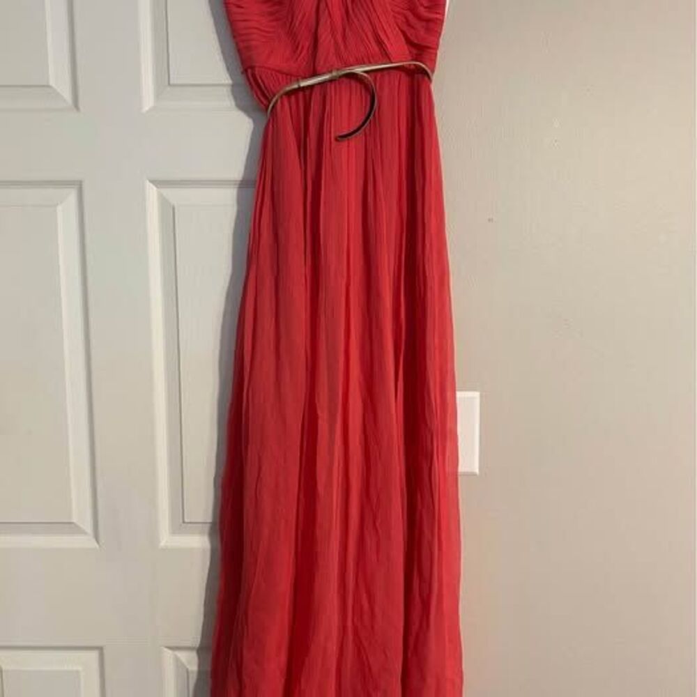 Donna Morgan Silk Size 4 Coral Strapless Chiffon Maxi Dress NWT Belt Flaw